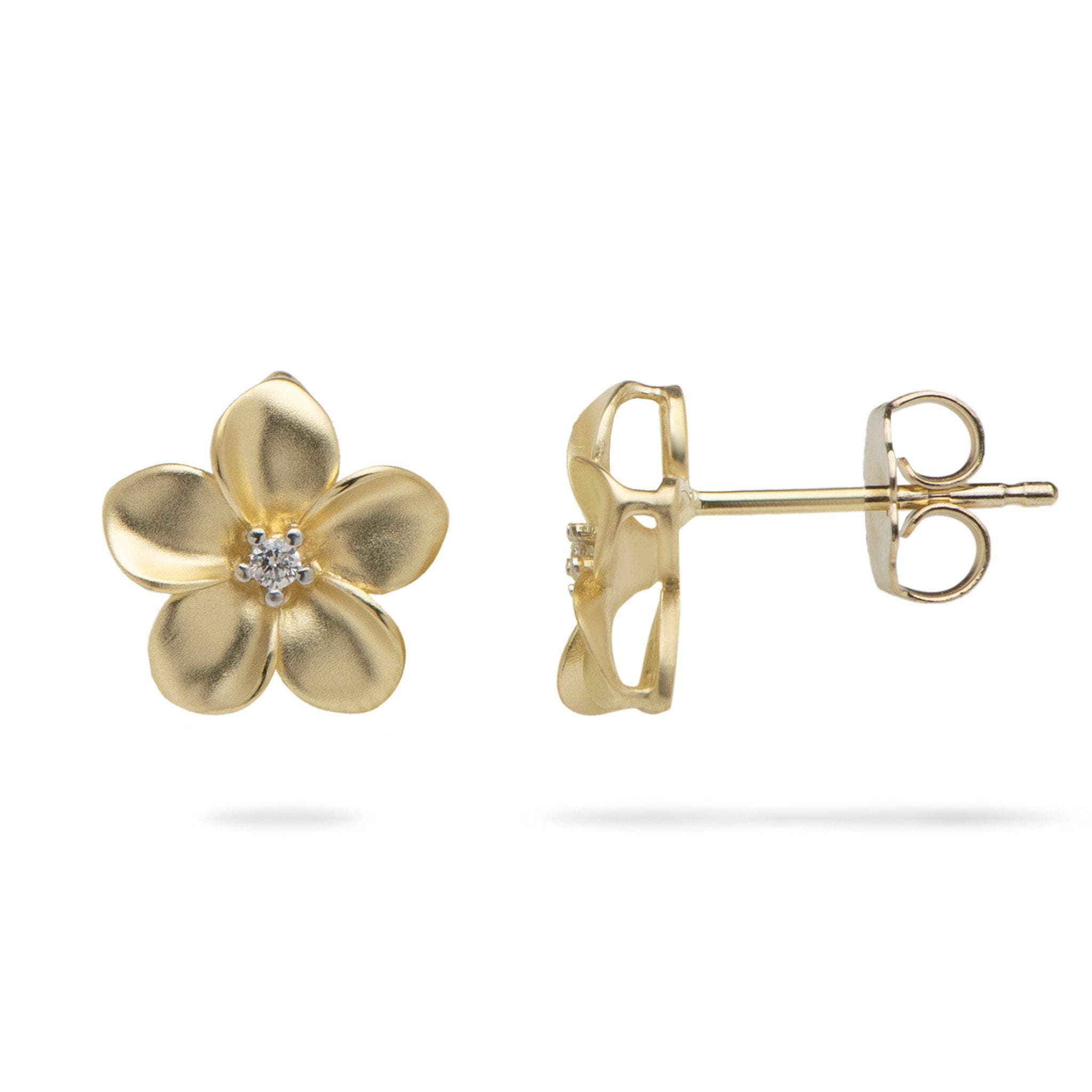 Plumeria Earrings in Gold with Diamonds - 11mm – Maui Divers Jewelry