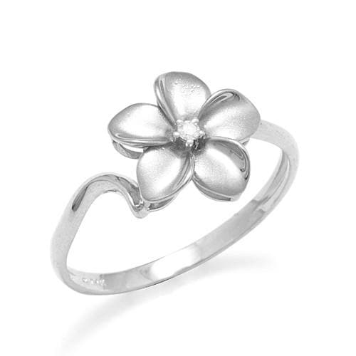 Plumeria Ring in White Gold with Diamond - 11mm-Maui Divers Jewelry