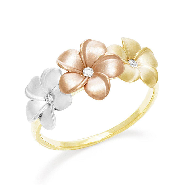 Plumeria Ring in Tri Color Gold with Diamonds - 10mm-Maui Divers Jewelry