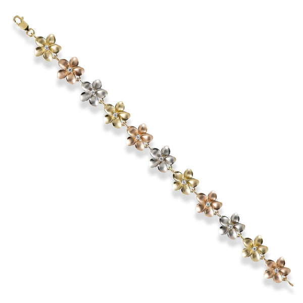 Plumeria Bracelet in Tri Color Gold with Diamonds - 13mm-Maui Divers Jewelry