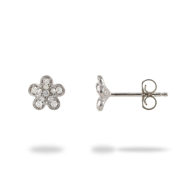 Plumeria Pave Diamond Earrings in 14K White Gold (7mm) - Maui Divers Jewelry