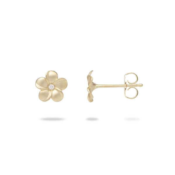 Plumeria Earrings in Gold with Diamonds - 5mm-Maui Divers Jewelry