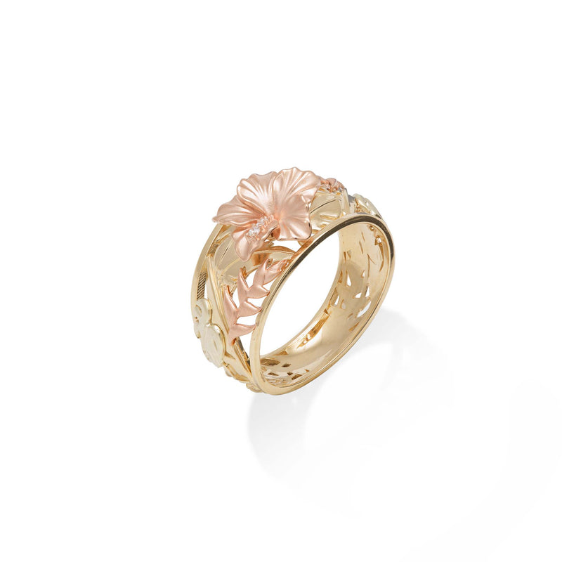 Hawaiian Gardens Hibiscus Ring in Tri Color Gold with Diamonds - 12mm - Maui Divers Jewelry