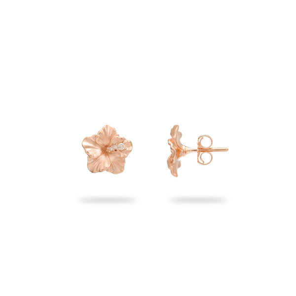 Hawaiian Gardens Hibiscus Earrings in Rose Gold with Diamonds - 9.5mm - Maui Divers Jewelry