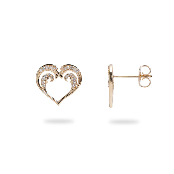 Nalu Heart Earrings in Gold with Diamonds - 12mm - 100-01989 - Maui Divers Jewelry