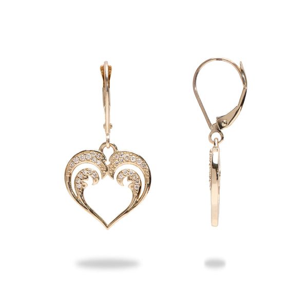 Nalu Heart Earrings in Gold with Diamonds - 15mm - Maui Divers Jewelry
