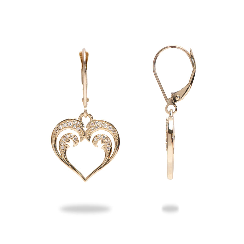 Nalu Heart Earrings in Gold with Diamonds - 15mm - Maui Divers Jewelry