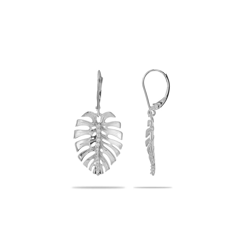 Monstera Earrings in White Gold with Diamonds - 23mm - Maui Divers Jewelry