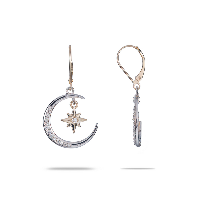 Moon & Star Mermaid Earrings in Two Tone Gold with Diamonds - Maui Divers Jewelry