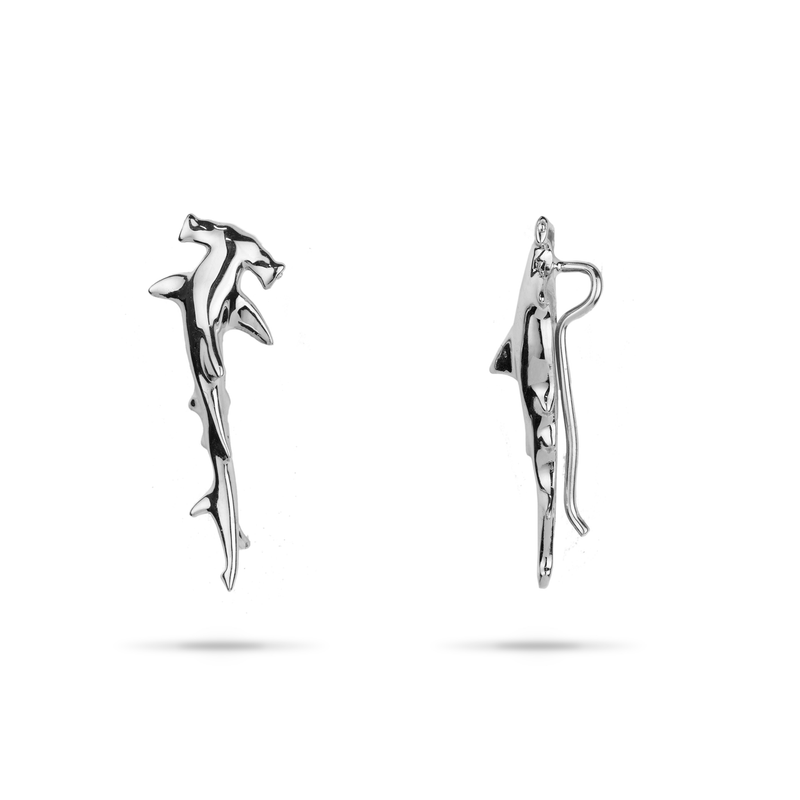 Hammerhead Shark Climber Earrings in White Gold - 26mm - Maui Divers Jewelry