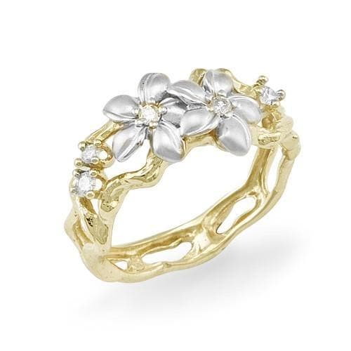 Plumeria Ring in Two Tone Gold with Diamonds - 10mm-Maui Divers Jewelry