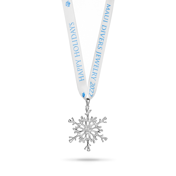 2022 Limited Edition Hawaiian Snowflake Ornament in Sterling Silver on white background- Maui Divers Jewelry