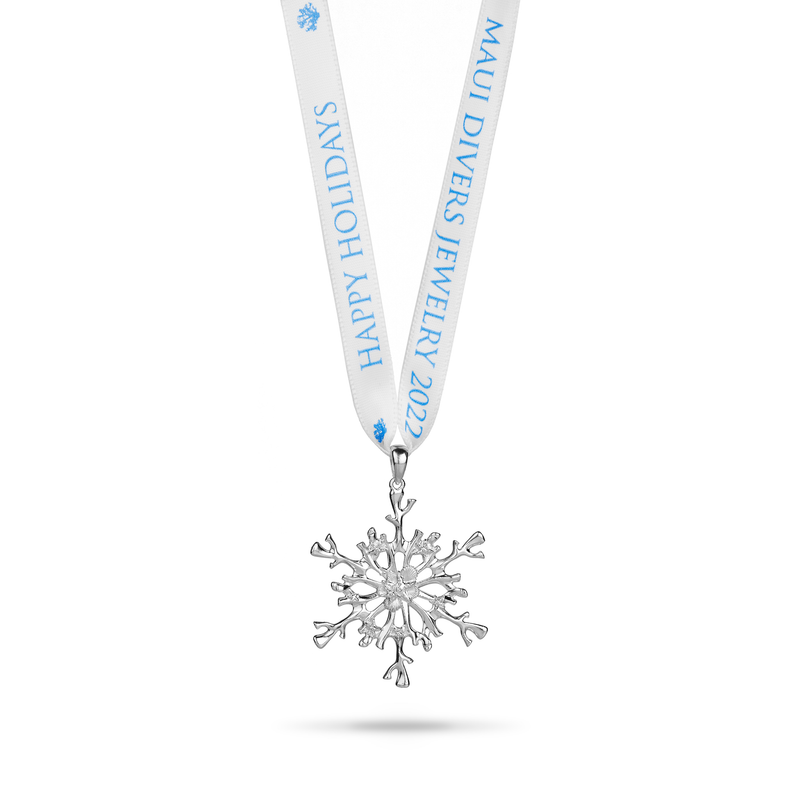 2022 Limited Edition Hawaiian Snowflake Ornament in Sterling Silver on white background- Maui Divers Jewelry