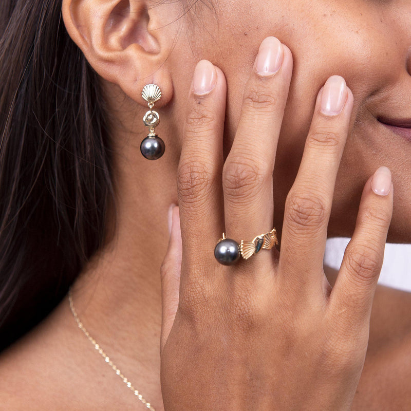 Seashells Tahitian Black Pearl Earrings in Gold - 40mm-Maui Divers Jewelry