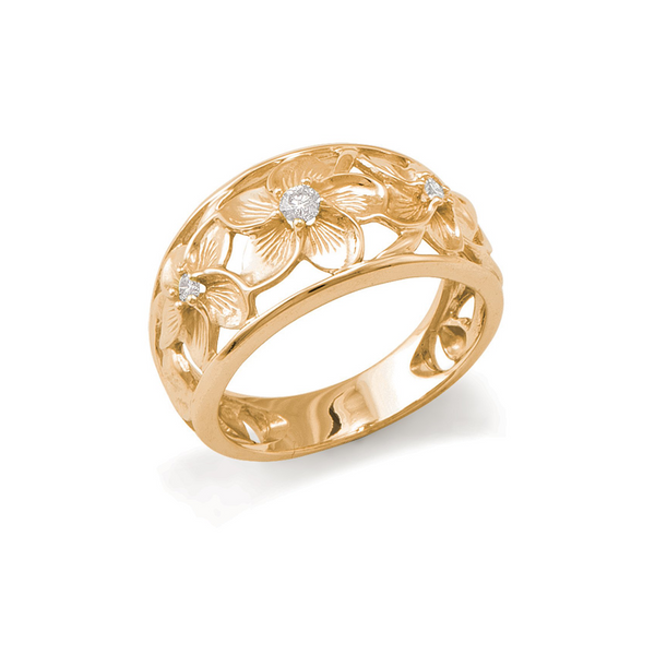 Hawaiian Heirloom Plumeria Ring in Gold with Diamonds - 11mm - Maui Divers Jewelry