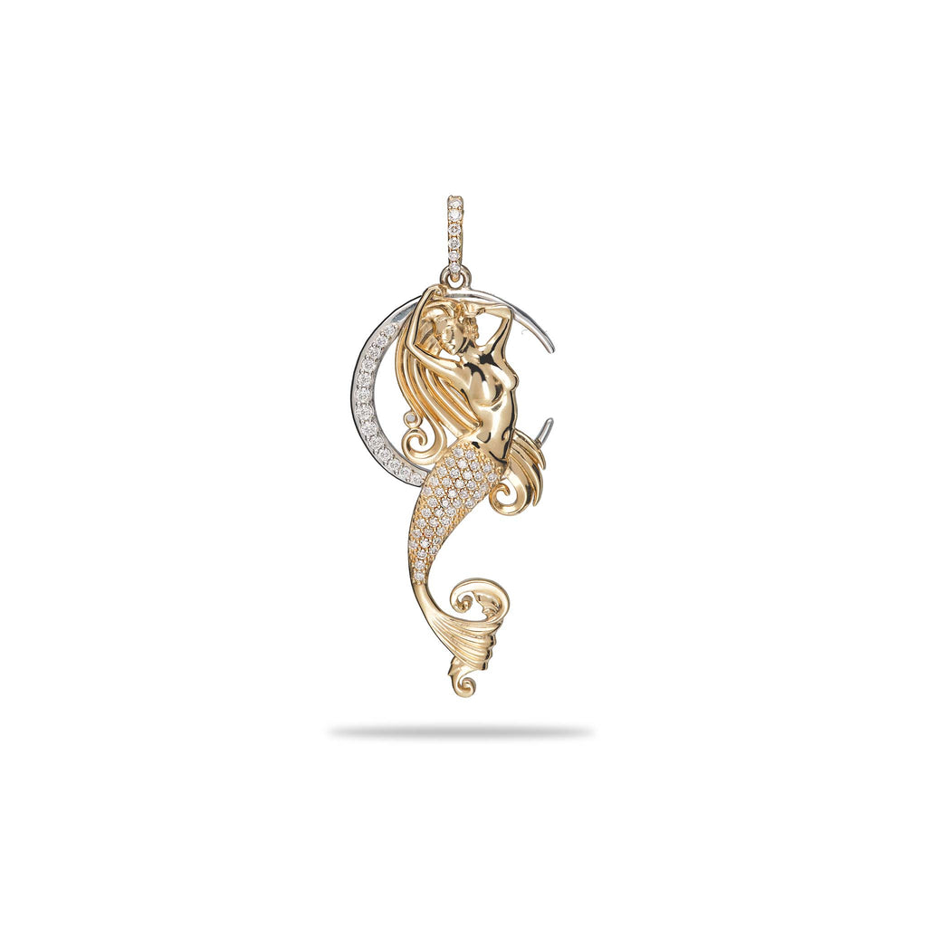 Moon Mermaid Pendant in Two Tone Gold with Diamonds 42mm Maui