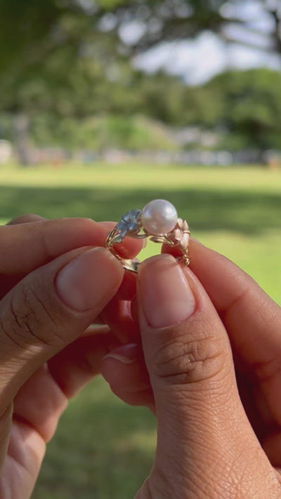 Pearls in Bloom Plumeria Akoya Pearl Ring in Tri Color Gold with Diamonds - 8mm - Product Video
