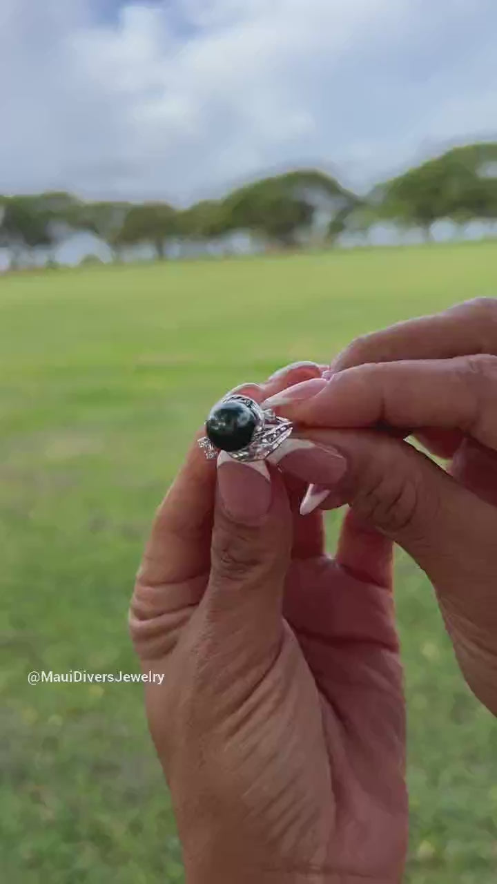 ダイヤモンドと白金のタヒチの黒真珠のリング - 9-10mm