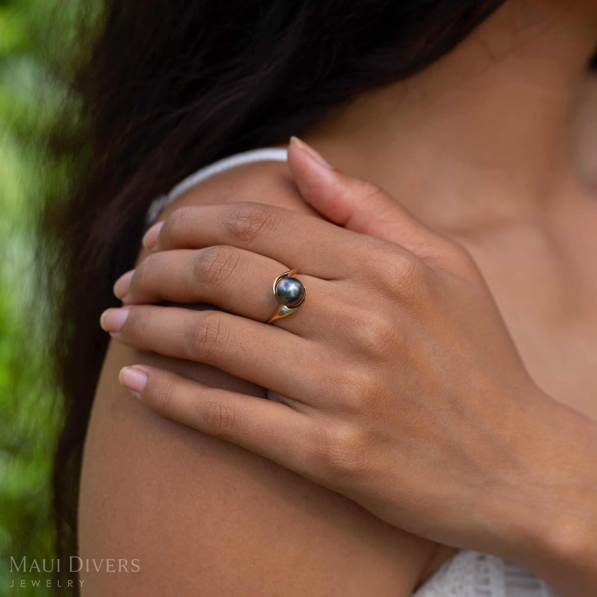 タヒチ黒真珠リング ゴールド - 9-10mm