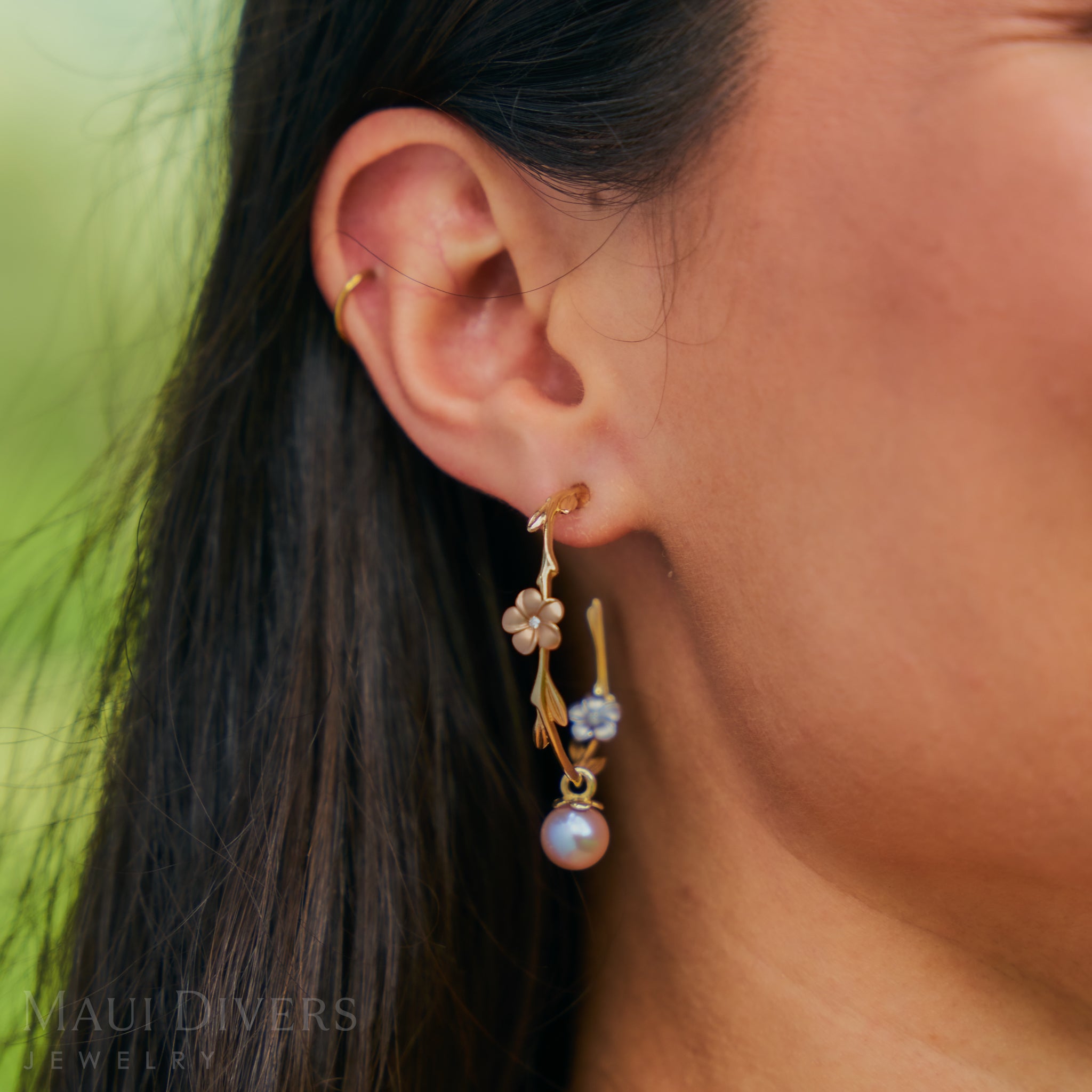 プルメリア ラベンダーパール ダイヤモンド スタッド フープピアス