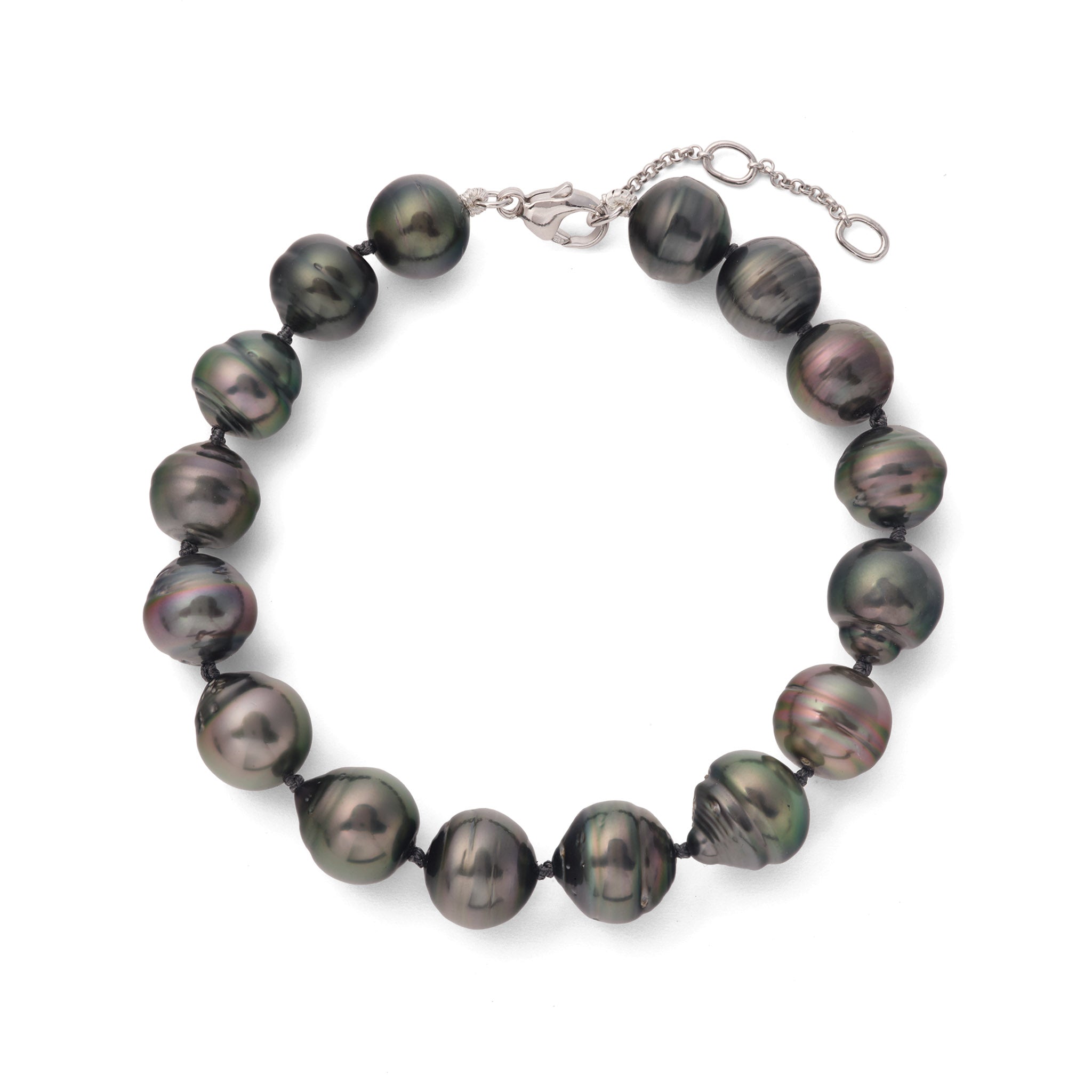 7.5-9" Adjustable Tahitian Black Pearl Bracelet in White Gold - 10-12mm