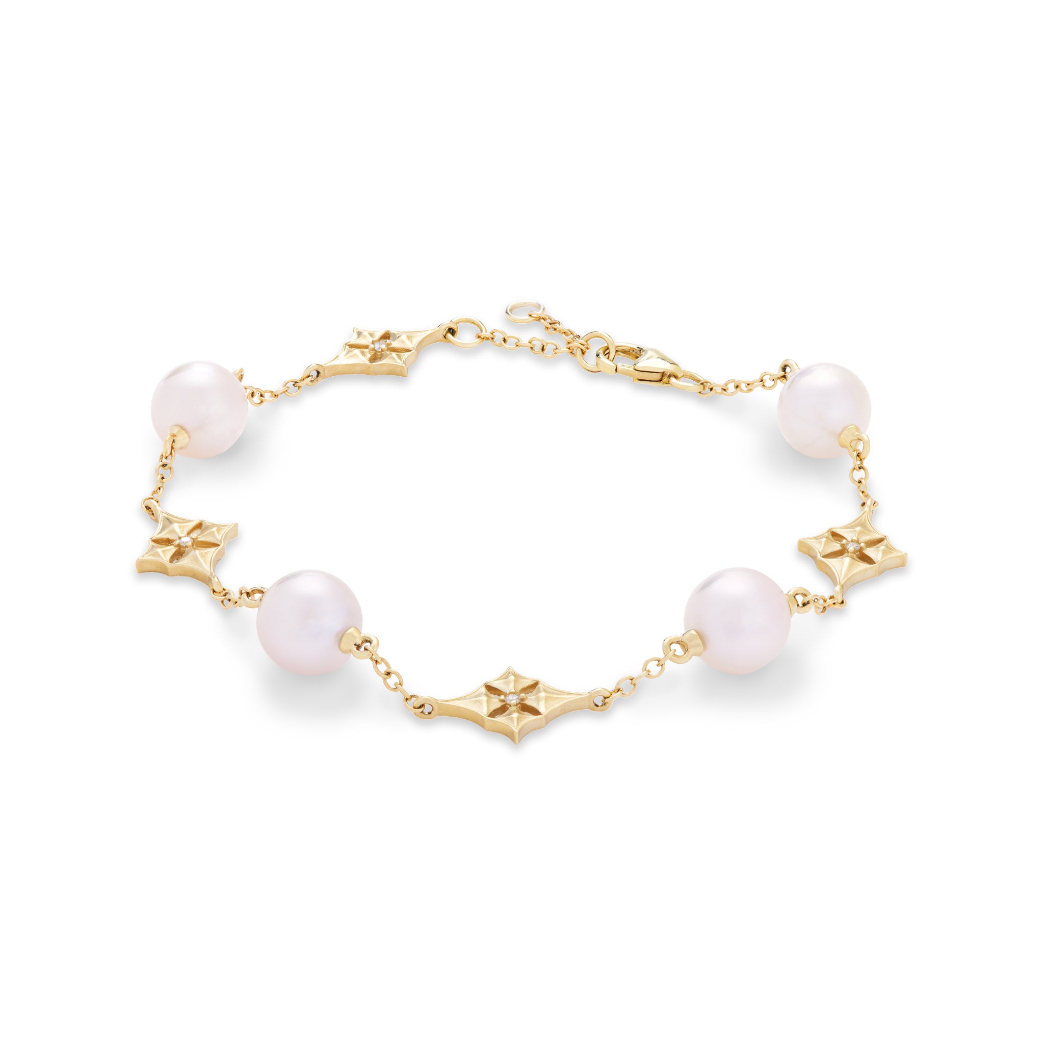 7-8" Hawaiian Quilted Star Akoya White Pearl Bracelet in Gold with Diamonds - 8mm