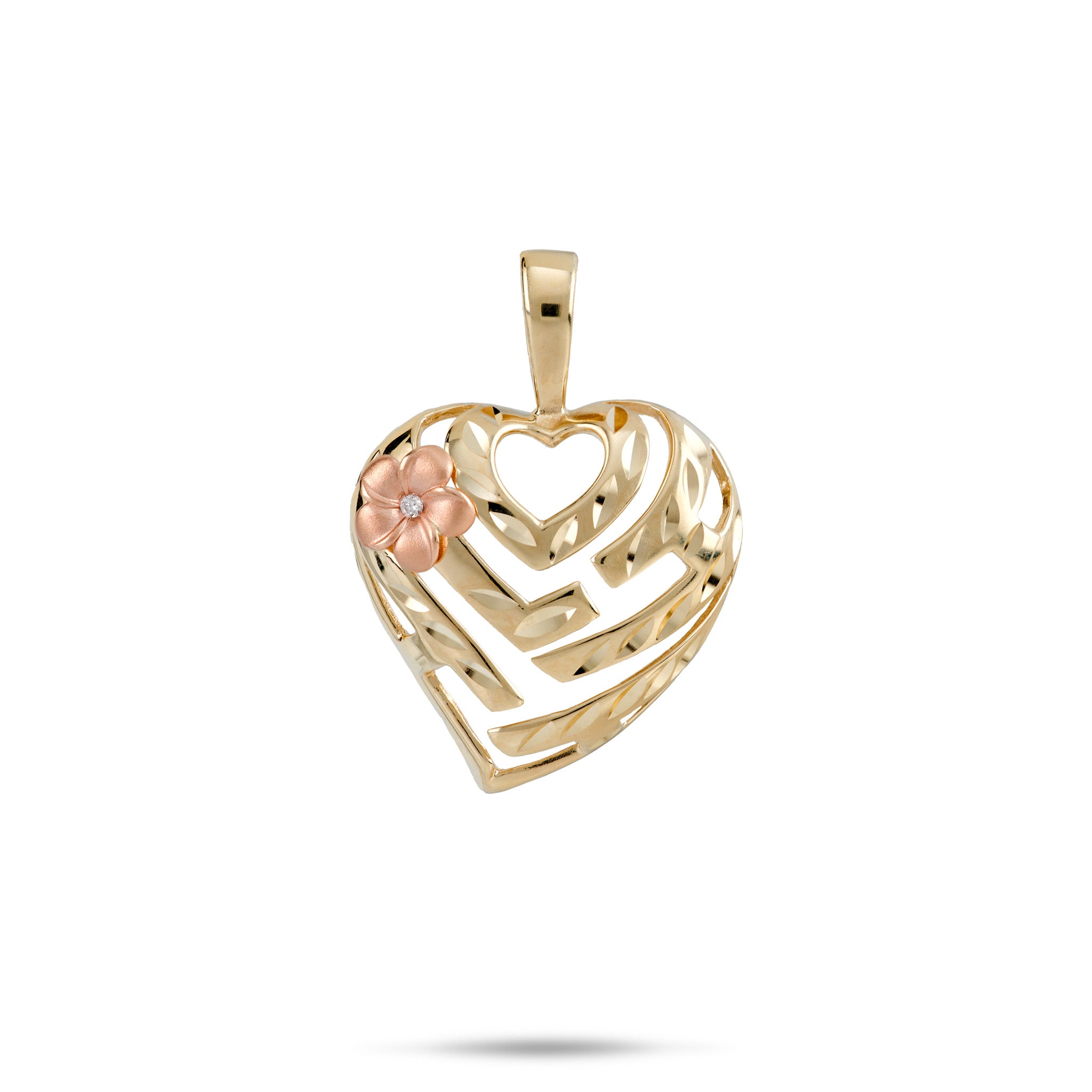 18mm Aloha Heart Pendant in 14k Yellow Gold with a Diamond Accented Plumeria in 14k Rose Gold