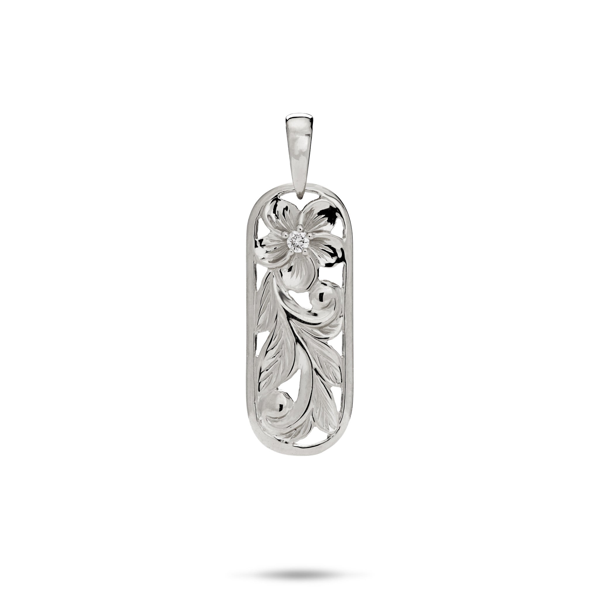 Hawaiian Heirloom Plumeria Pendant in White Gold with Diamond - 24mm