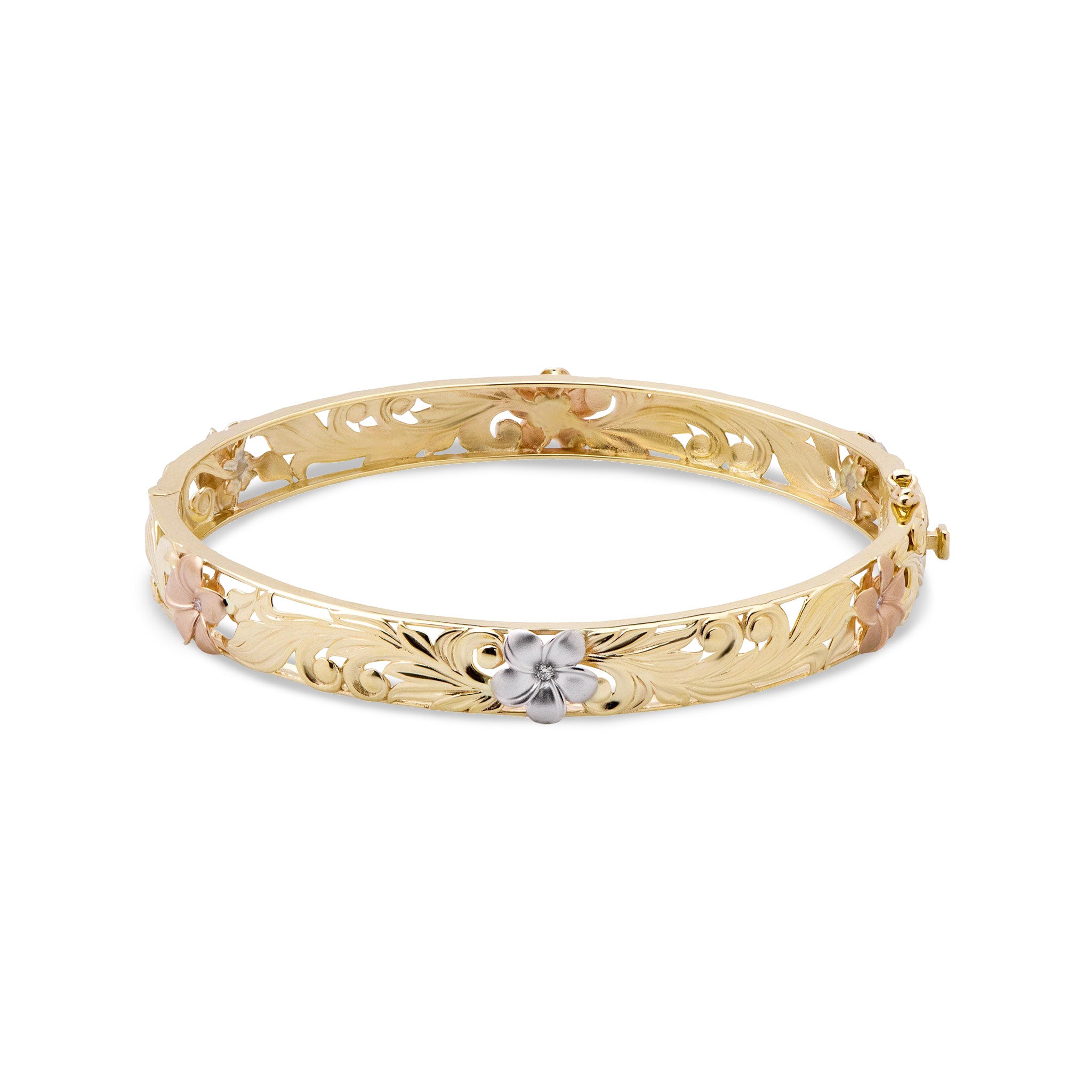 ハワイアン・エアルームプルメリア ヒンジブレスレット ダイヤモンド 8mm スリーカラーゴールド