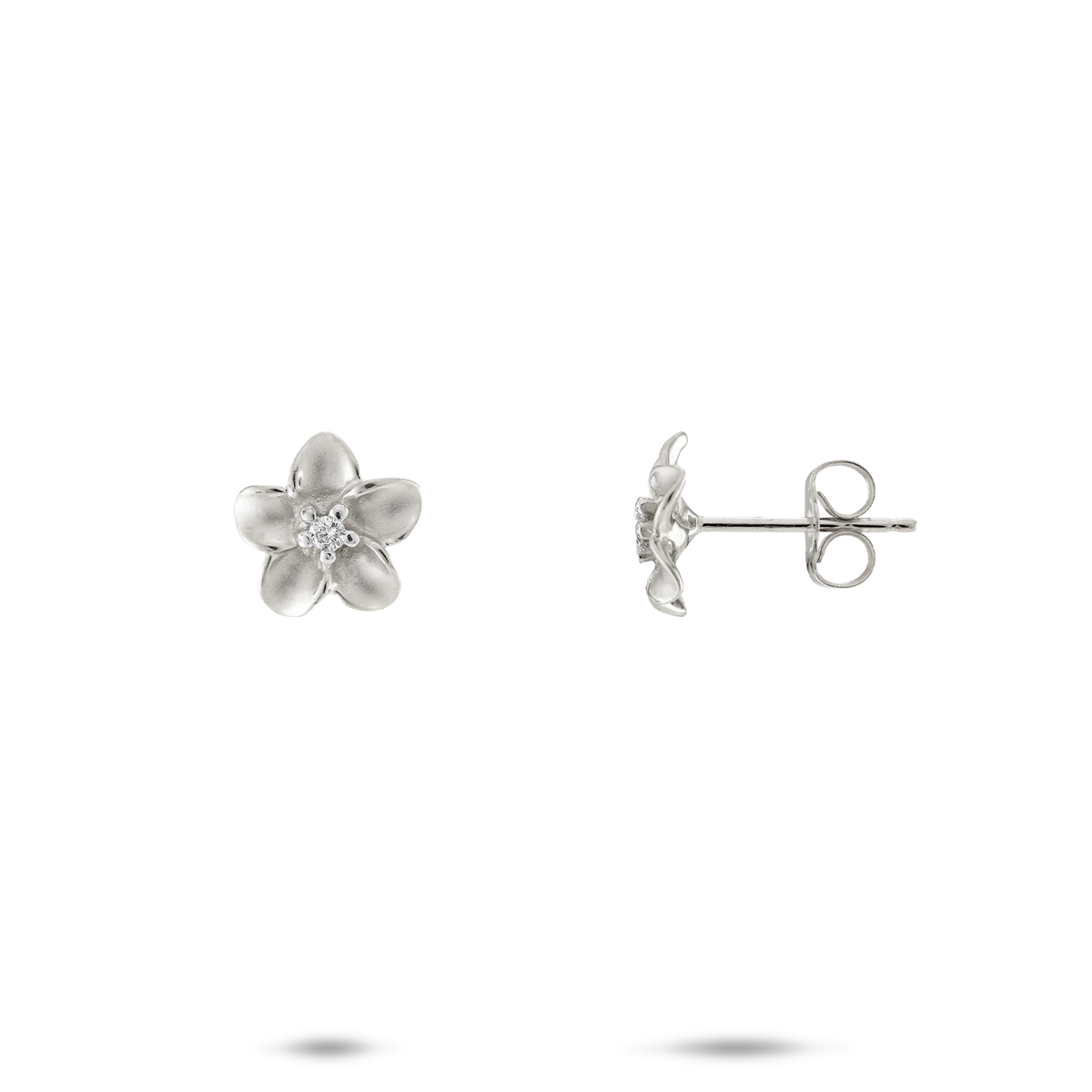 Plumeria Stud Earrings in White Gold with Diamonds - 9mm