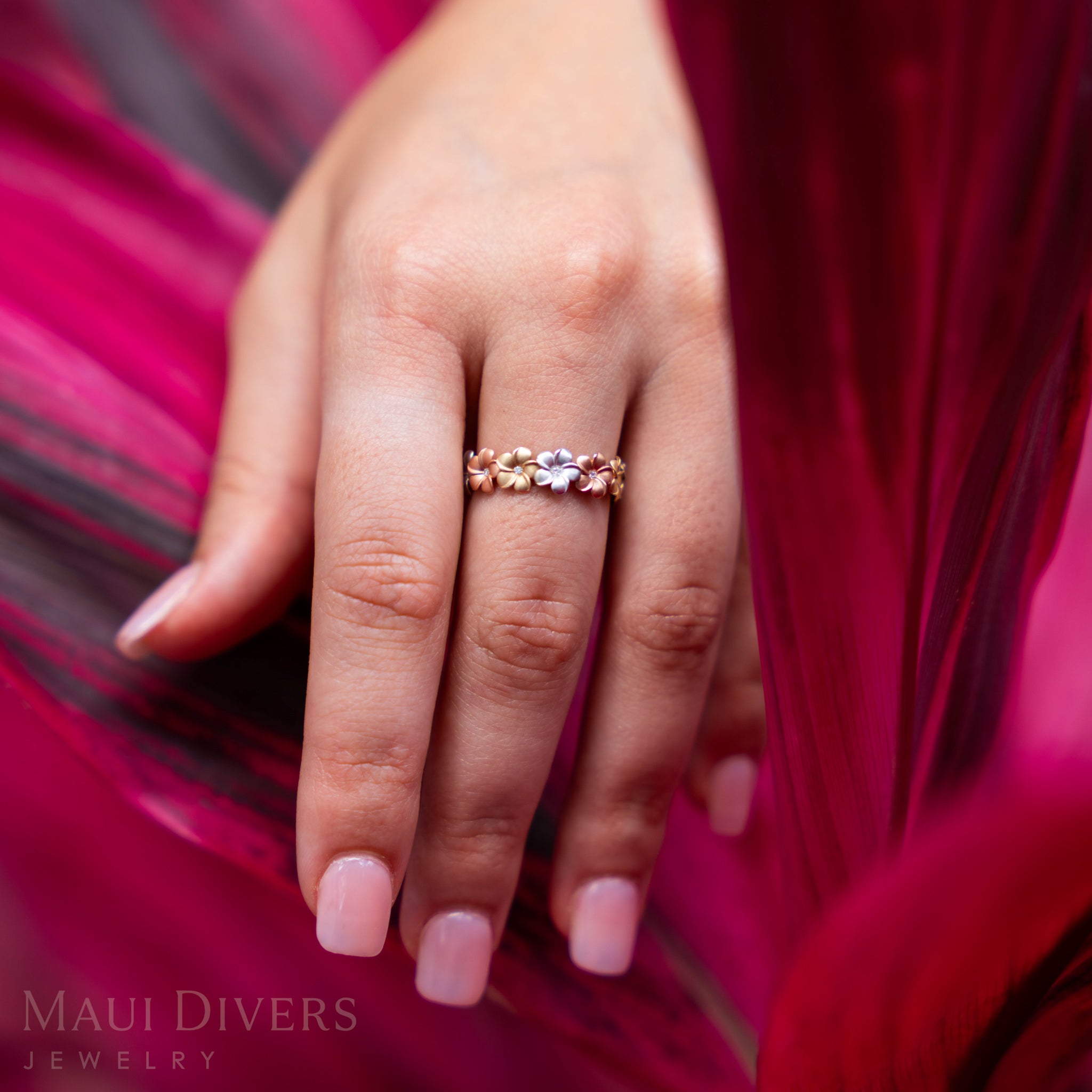Plumeria Eternity Ring in Tri Color Gold with Diamonds - 5mm