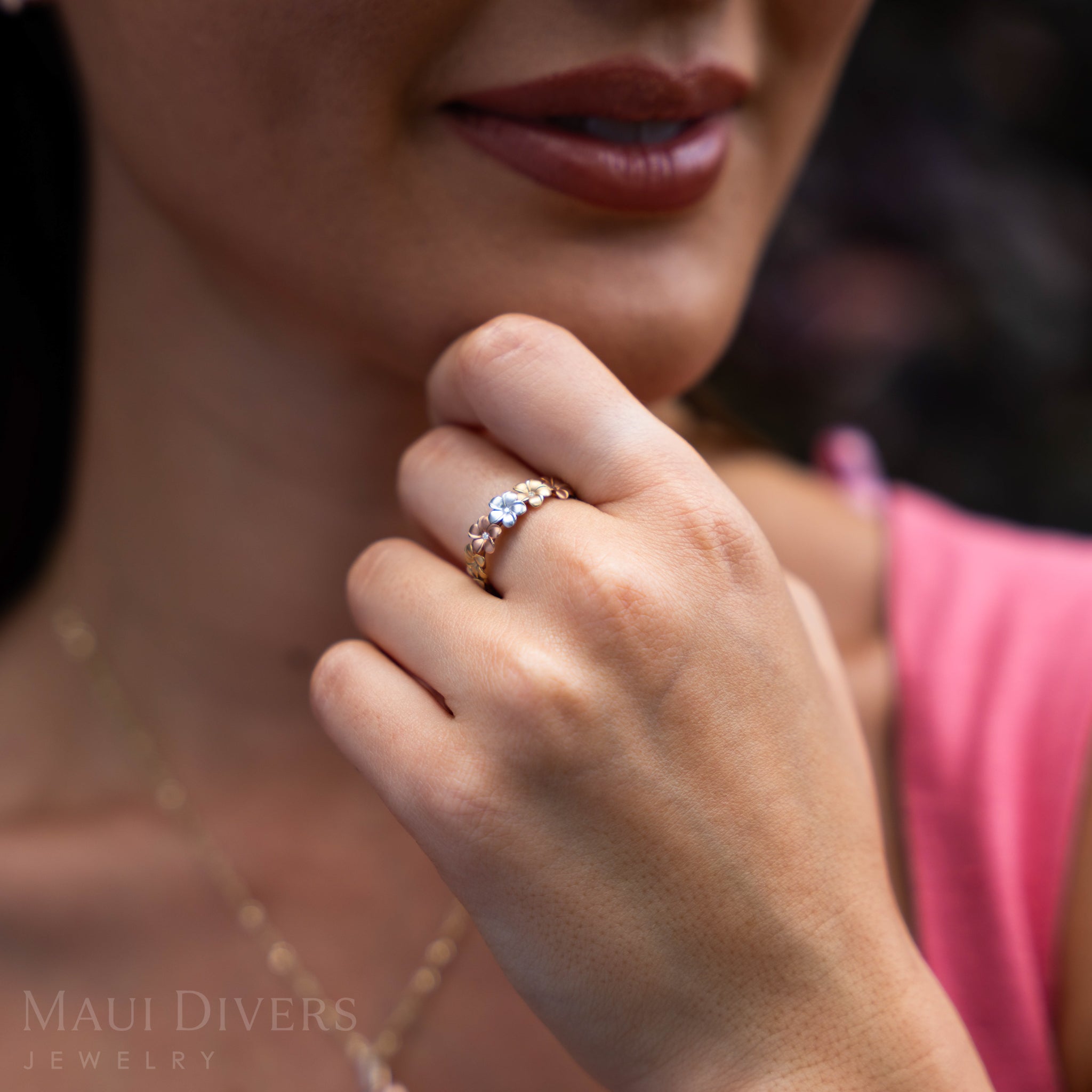 Plumeria Eternity Ring in Tri Color Gold with Diamonds - 5mm