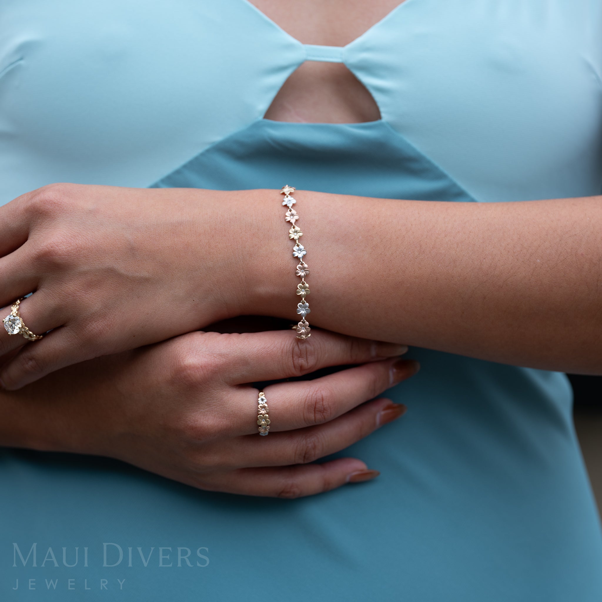 7-8.5" Adjustable Plumeria Bracelet in Tri Color Gold with Diamonds - 6mm