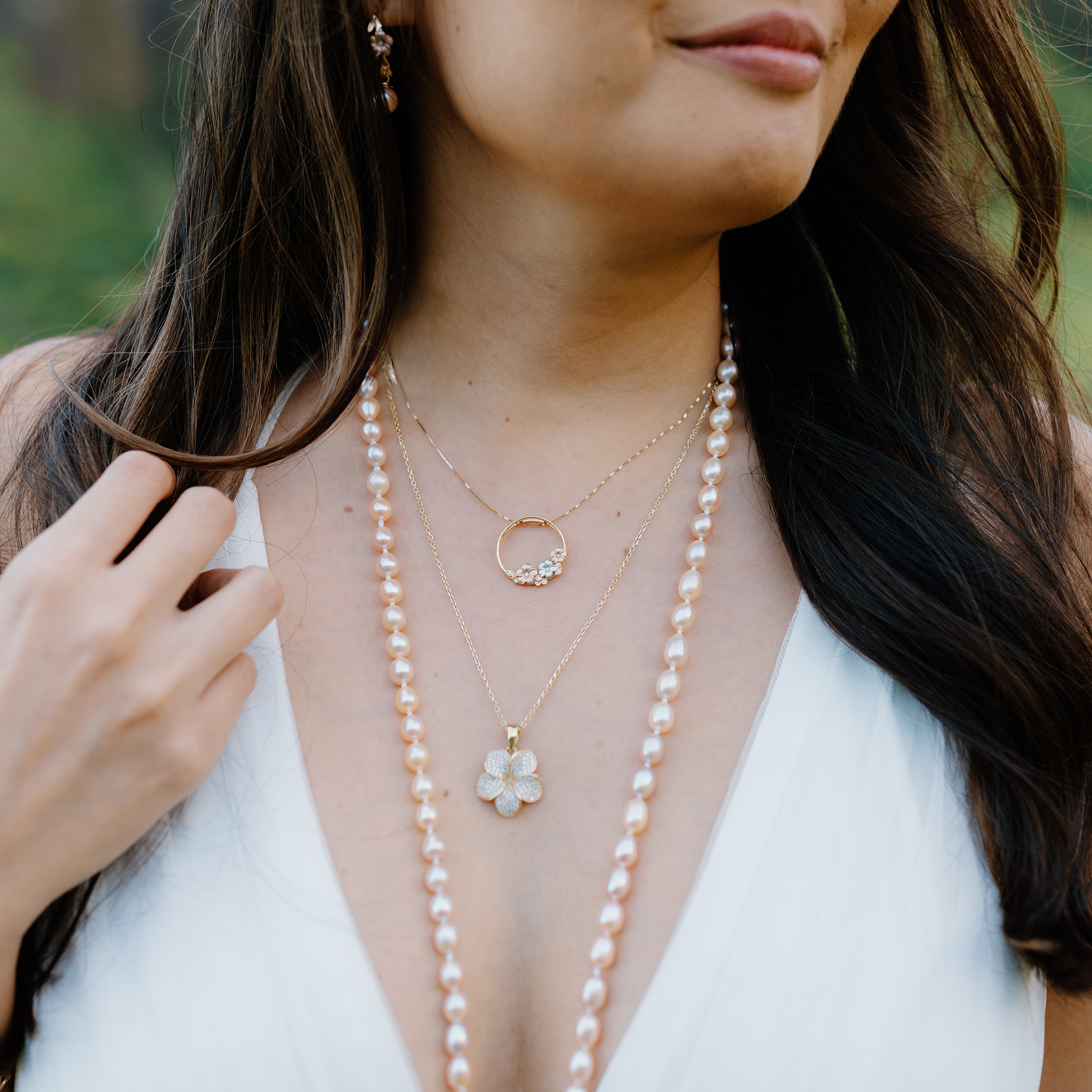 16" Plumeria Necklace in Tri Color Gold with Diamonds - 22mm